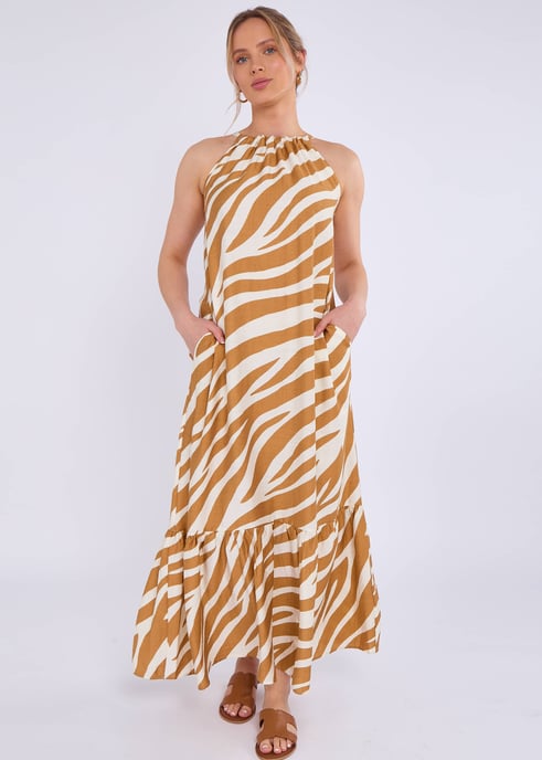 Braunes Maxikleid mit Zebradruck und Neckholder - Image 1