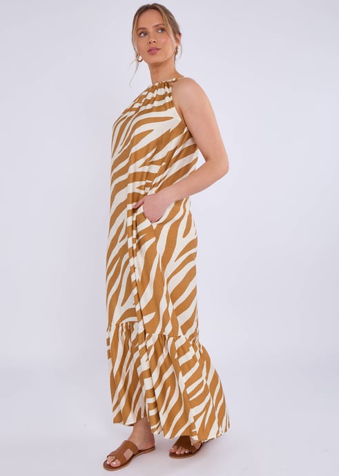 Braunes Maxikleid mit Zebradruck und Neckholder - Image 3