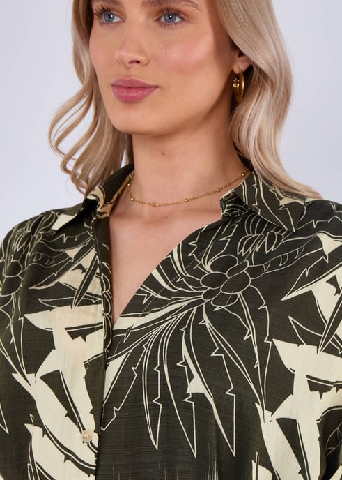 Khaki Tropical Print Midi-Hemdkleid - Image 2