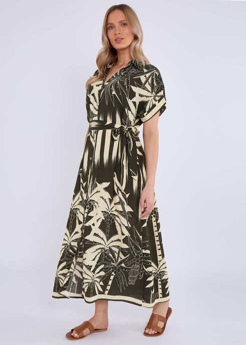 Khaki Tropical Print Midi-Hemdkleid - Image 3