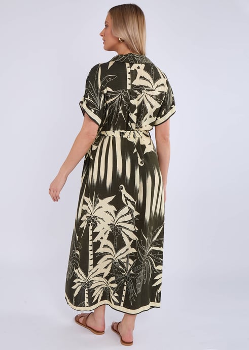 Khaki Tropical Print Midi-Hemdkleid - Image 4
