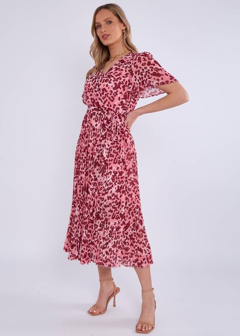 Pinkes Wickel-Midikleid mit Tiermuster und Plissee - Image 3