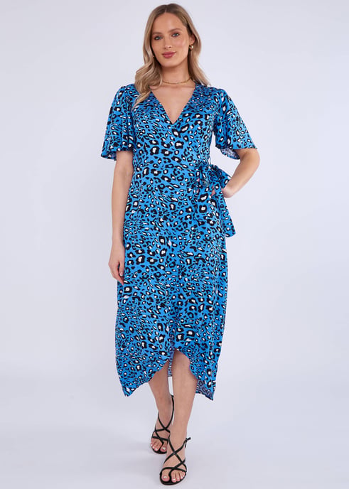 Blaues Viskose-Wickel-Midikleid mit Tiermuster - Image 1