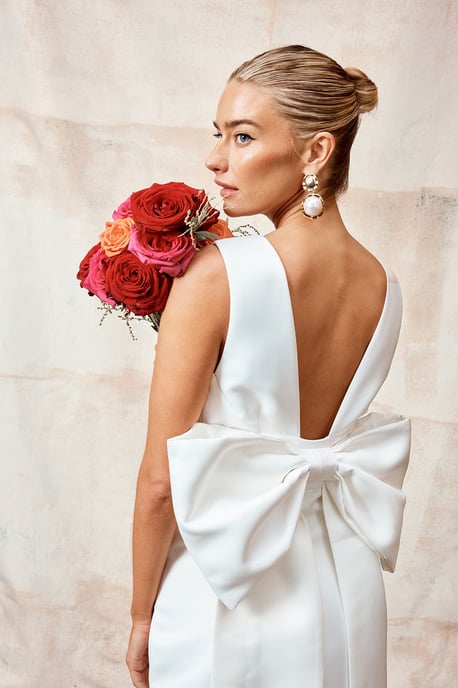 Plunge Neck Structured Satin Bow Back Wedding Dress - Image 1
