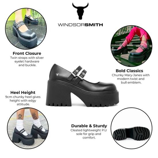 Windsorsmith Damen Mary-Jane-Schuhe aus schwarzem Leder mit dicker Plateausohle - Lessons - Image 2