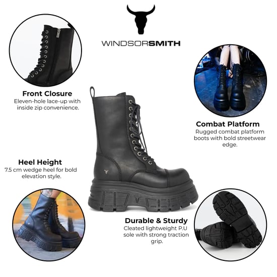 Windsorsmith Damen Schwarze, wadenlange Bikerstiefel aus Leder mit Plateausohle - Screaming - Image 2