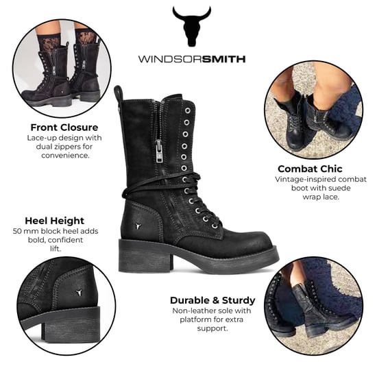 Windsorsmith Damen-Kampfstiefel aus schwarzem Wildleder, halbhohe Schnürstiefeletten, Bikerschuhe – Gather - Image 2