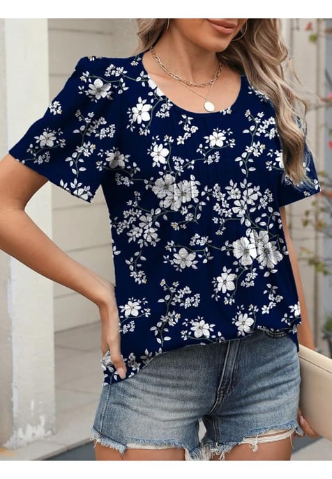 Damen Floral Rundhals Kurzarmtop - Image 1