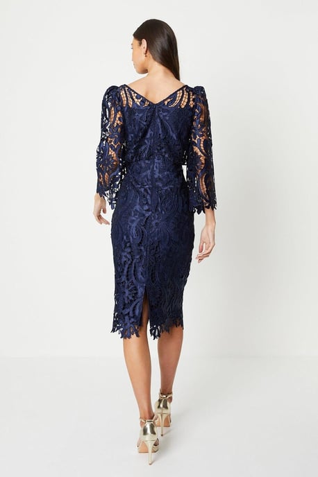 Satin Lace Boat Neck Midi Dress With Fluted Sleeve - Image 3