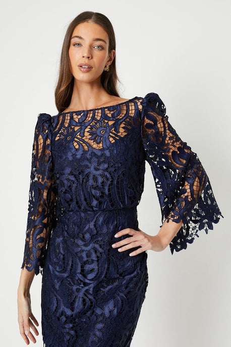 Satin Lace Boat Neck Midi Dress With Fluted Sleeve - Image 4