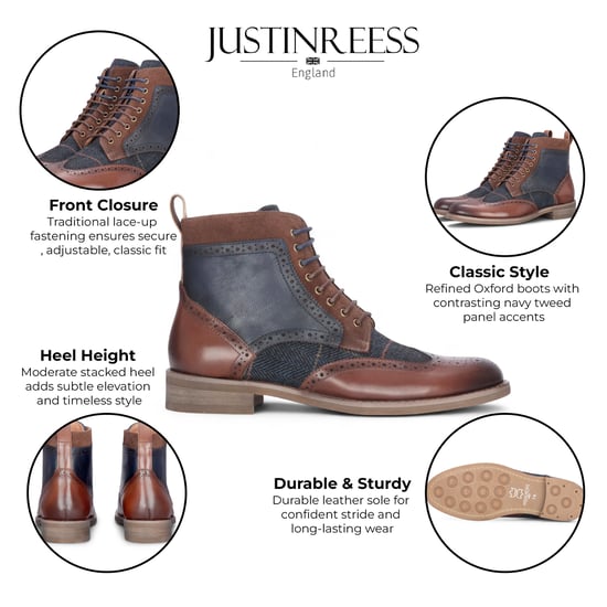 Justin Reess Herren Oxford-Schuhe aus braunem Leder und marineblauem Tweed – Teddy - Image 2