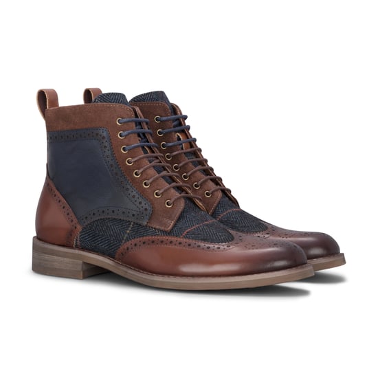 Justin Reess Herren Oxford-Schuhe aus braunem Leder und marineblauem Tweed – Teddy - Image 3