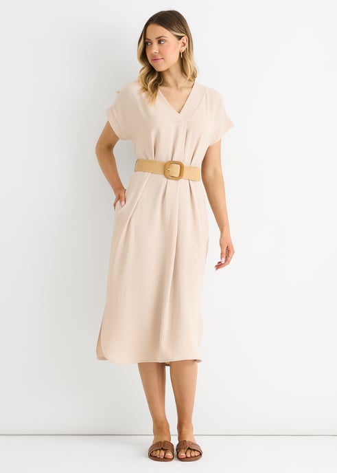 Beige Air Flow Kleid mit Gürtel und Übergröße - Image 1