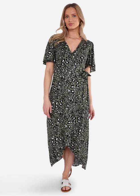 Khakifarbenes Viskose-Wickel-Midikleid mit Tiermuster - Image 1