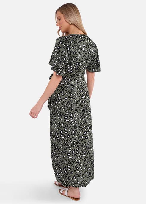 Khakifarbenes Viskose-Wickel-Midikleid mit Tiermuster - Image 4