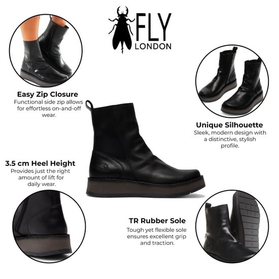 Fly London Damen RENO053FLY Bequeme Ankle Boots aus Leder mit Reißverschluss und Plateausohle, Schwarz - Image 2