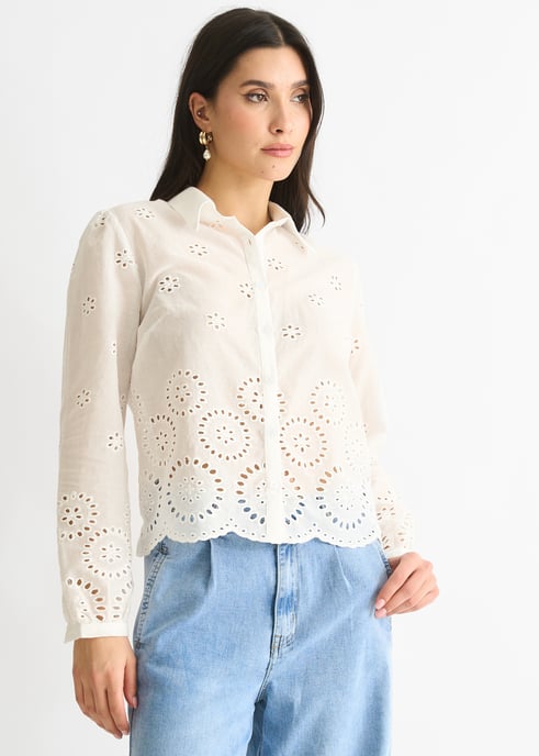 Weißes Baumwoll-Broderie-Muschel-Bodenhemd - Image 3