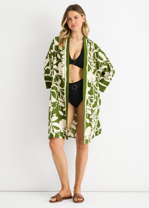 Schwarzer Sommerrand bedruckter Strand Kimono - Image 1