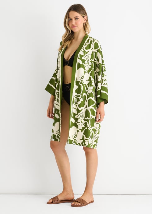Schwarzer Sommerrand bedruckter Strand Kimono - Image 3
