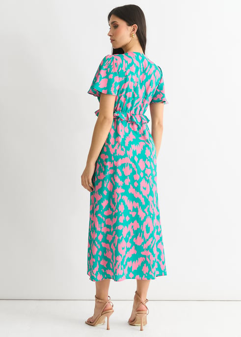 Grünes Midikleid mit Tiermotiv und gerafftem V - Image 4