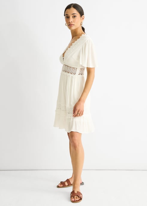 Weißes Mini-Skaterkleid mit Spitzenbesatz aus Viskose - Image 3