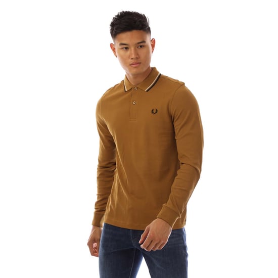 Herren Fred Perry Langarm Twin Tipped Poloshirt in Gelb - Image 1