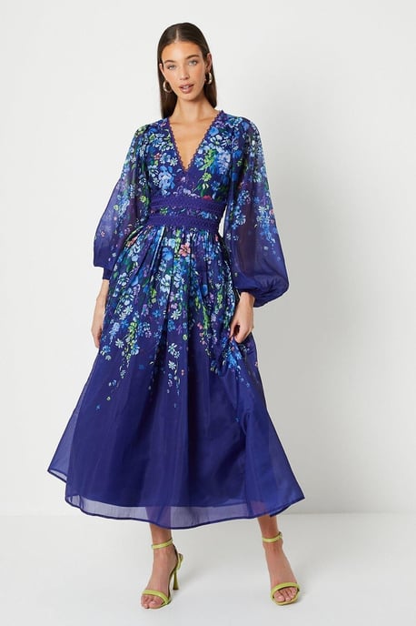 Organza Floral Placement Lace Trim Midaxi Dress - Image 1