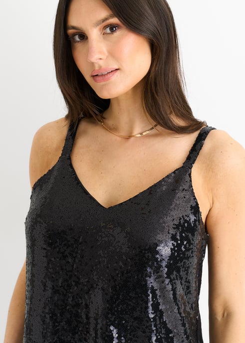 Schwarzes Pailletten-V-Ausschnitt-Cami-Top - Image 2