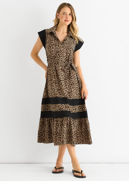 Braunes Tier-Kontrastpaneel-Smock-Midi-Kleid - Image 1