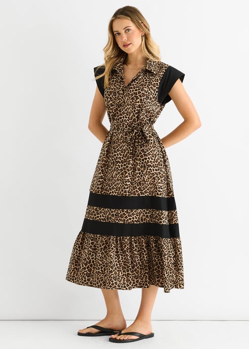 Braunes Tier-Kontrastpaneel-Smock-Midi-Kleid - Image 3