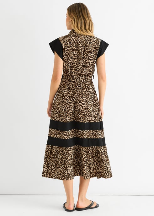 Braunes Tier-Kontrastpaneel-Smock-Midi-Kleid - Image 4