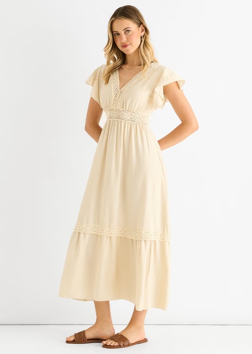 Beigegehäkeltes Midikleid mit elastischer Taille und Spitzeneinsatz - Image 3
