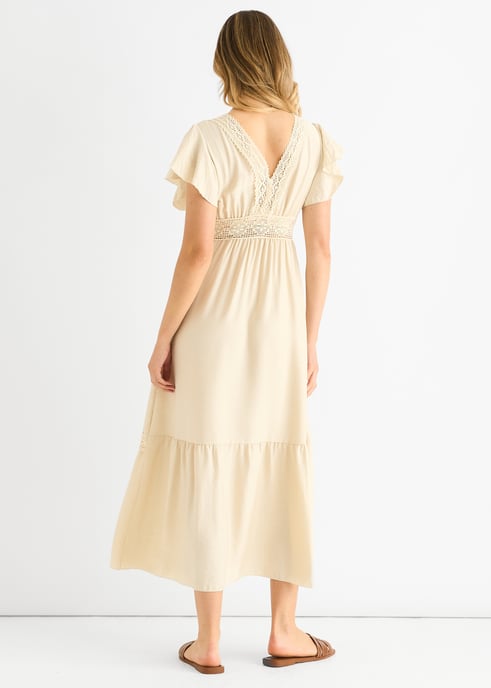 Beigegehäkeltes Midikleid mit elastischer Taille und Spitzeneinsatz - Image 4