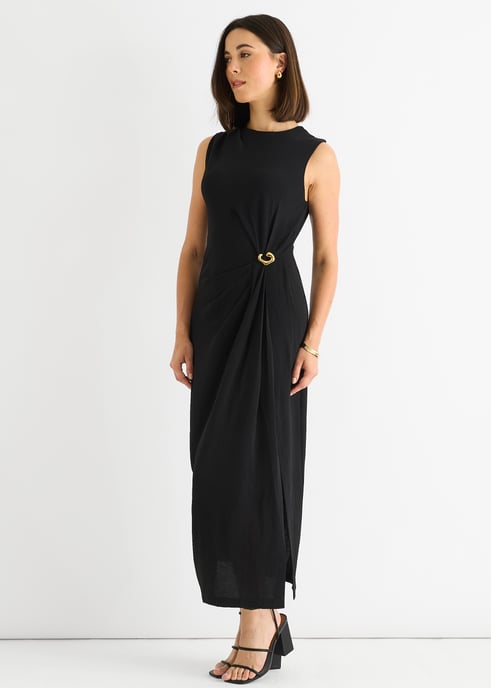 Schwarzes Midikleid mit geraffter Taille und Metallbesatz ärmellos - Image 3