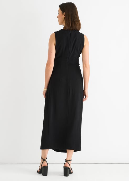 Schwarzes Midikleid mit geraffter Taille und Metallbesatz ärmellos - Image 4