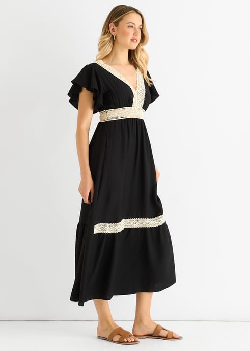Beigegehäkeltes Midikleid mit elastischer Taille und Spitzeneinsatz - Image 3