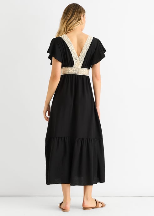 Beigegehäkeltes Midikleid mit elastischer Taille und Spitzeneinsatz - Image 4