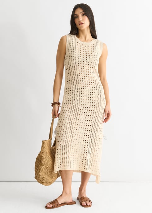 Beigefarbenes gehäkeltes Strick-Bodycon-Midi-Dress - Image 1
