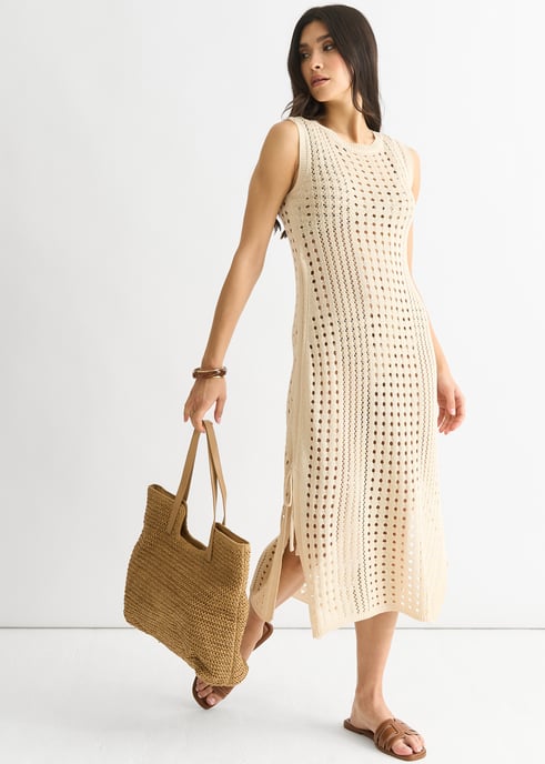 Beigefarbenes gehäkeltes Strick-Bodycon-Midi-Dress - Image 3
