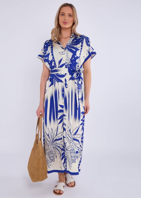 Blaues Tropical Print Midi-Hemdkleid - Image 1