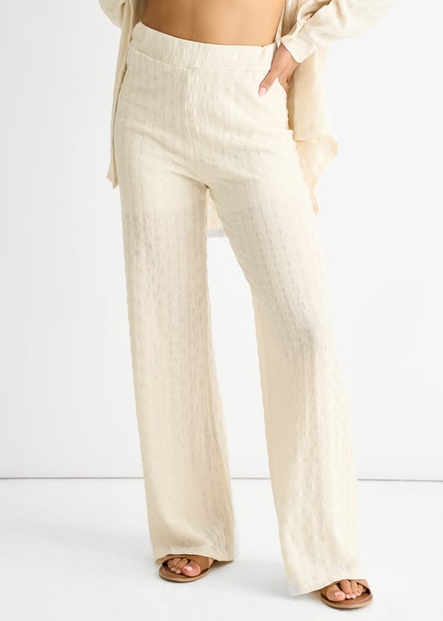 Beige Strukturierte Hose mit elastischem Bund und ausgestelltem Bein - Image 2