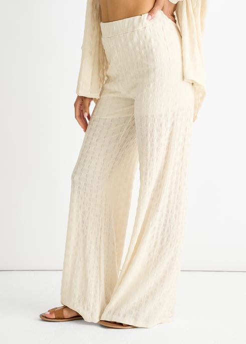 Beige Strukturierte Hose mit elastischem Bund und ausgestelltem Bein - Image 3
