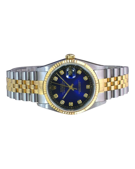 Rolex Datejust Herrenuhr, 2-farbig, blaues Diamantzifferblatt, 18 Karat, geriffelte Lünette, 36 mm, 16233 - Image 2