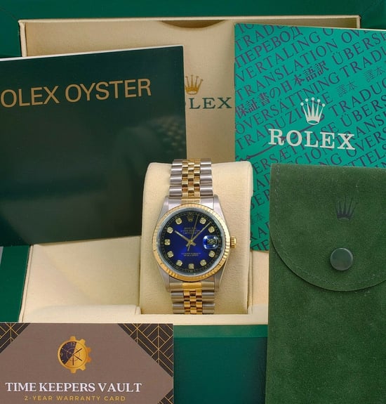 Rolex Datejust Herrenuhr, 2-farbig, blaues Diamantzifferblatt, 18 Karat, geriffelte Lünette, 36 mm, 16233 - Image 5