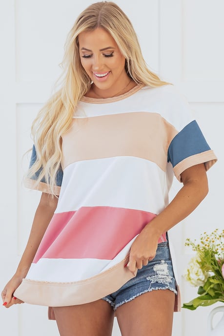 Mehrfarbige Colorblock-Patchwork Tunika T-Shirt mit Seitenschlitz - Image 4