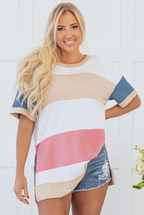Mehrfarbige Colorblock-Patchwork Tunika T-Shirt mit Seitenschlitz - Image 6