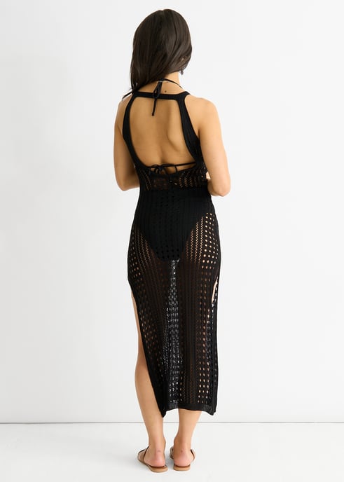 Schwarzes Bodycon-Kleid mit Häkelstrick und Schlitz - Image 4