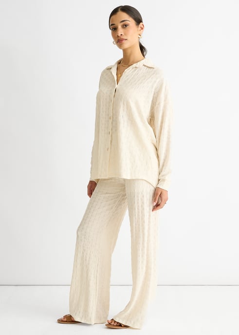 Beige strukturiertes Hemd mit langen Ärmeln und Übergröße - Image 3