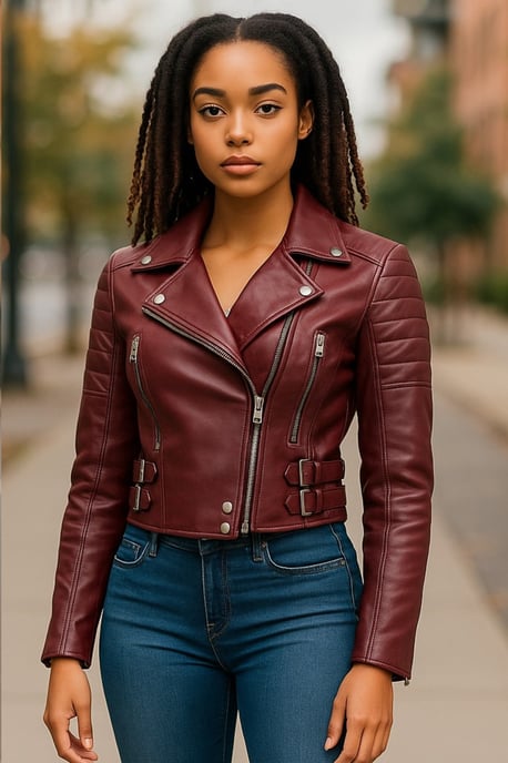 Burgunderrote kurze Brando-Bikerjacke aus Leder für Damen – Durban - Image 1