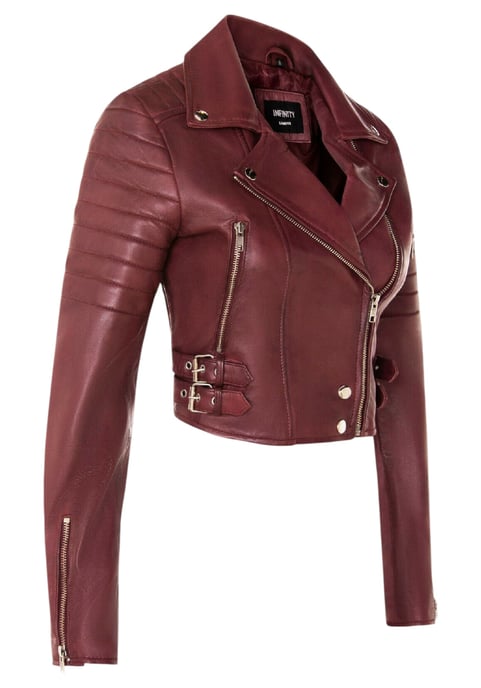 Burgunderrote kurze Brando-Bikerjacke aus Leder für Damen – Durban - Image 4